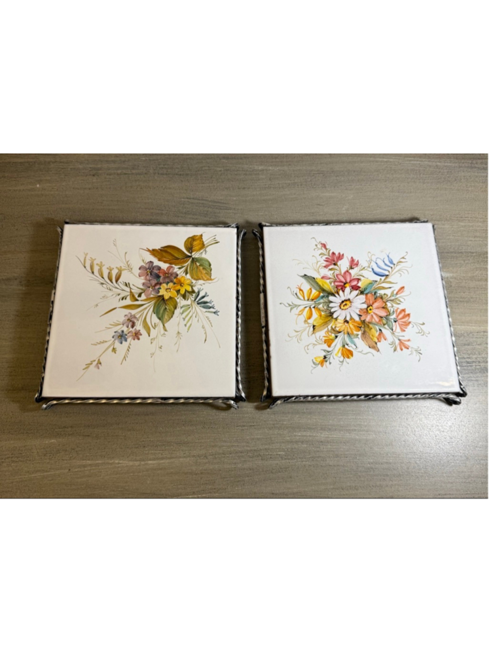 Vtg Italian Ceramic Tile Trivets 6”x6” Set Hand Painted Floral sig A.Z. Noye MCM